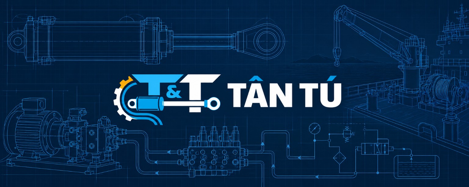 Logo Tân Tú trên nền bản vẽ thủy lực và thiết bị hàng hải